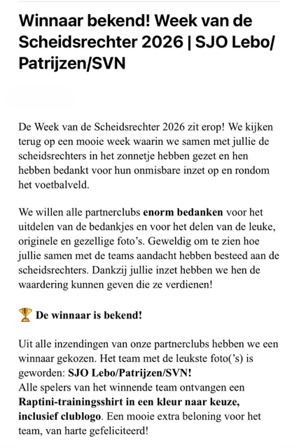 Winnaar &quote;Week van de scheidsrechter&quote;: SJO Lebo/SVN/Patrijzen (JO17) !